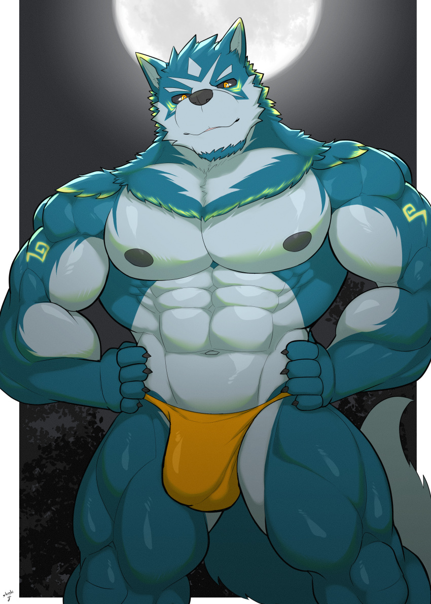 abs absurd_res anthro biceps big_muscles black_nose black_sclera border canid canine canis deltoids full_moon hi_res huge_muscles male mammal moon muscular muscular_anthro muscular_male orange_eyes pecs pupils shinobiya solo standing white_border white_pupils wolf