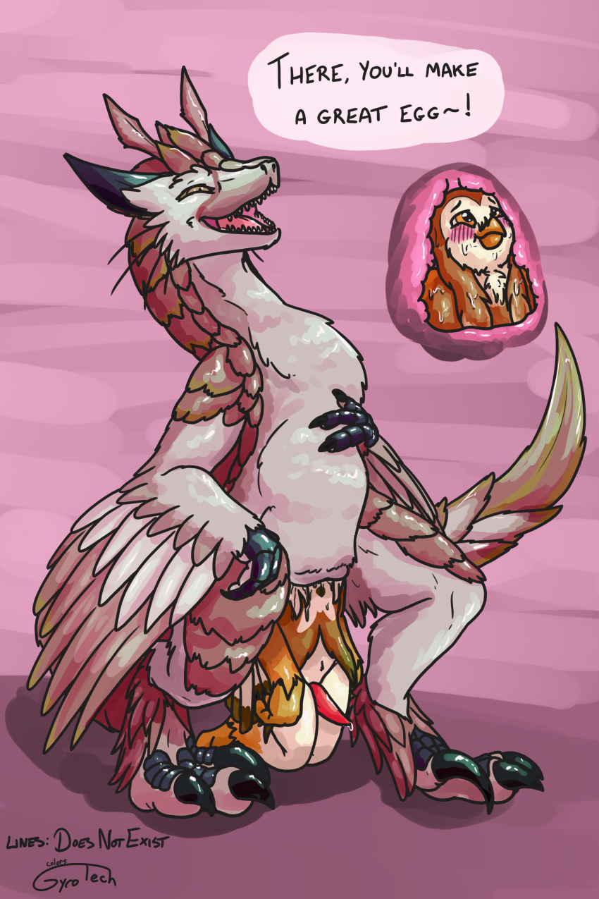 2:3 absurd_res anthro anthro_prey avian bird claws decidueye dinosaur doesnotexist dromaeosaurid english_text erection feet female feral feral_pred gale_leaftalon generation_7_pokemon genitals gyrotech hi_res internal larger_pred male male/female nintendo owl penis pokemon pokemon_(species) prehistoric_species reptile saurischian scalie size_difference talons text theropod toes unbirthing vaginal vore vulva yellow_eyes