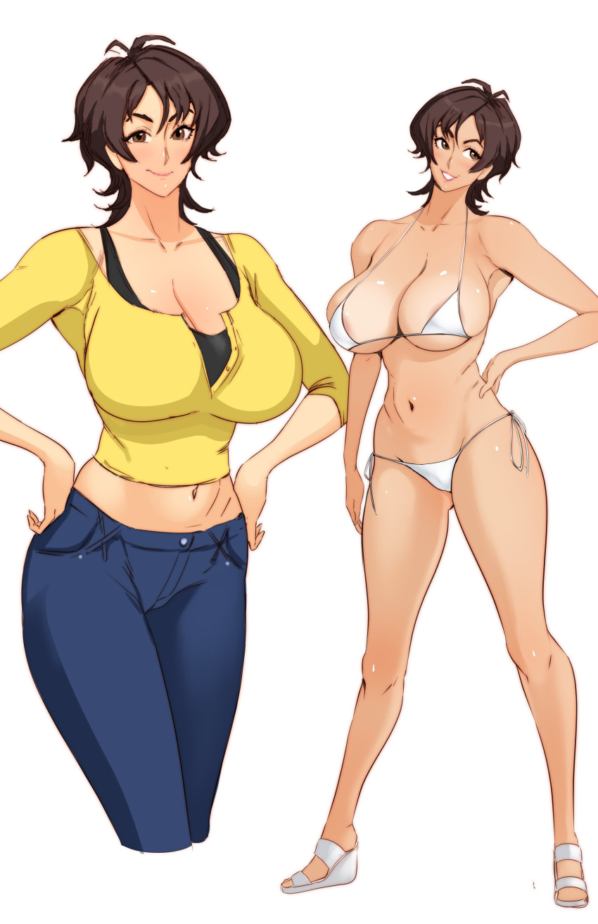 1girl absurdres amaha_masane bare_shoulders bikini black_sports_bra breasts brown_eyes brown_hair cleavage closed_mouth commentary cropped_shirt denim full_body hand_on_own_hip high_heels highres jeans jnsdh large_breasts mature_female medium_hair micro_bikini midriff multiple_views navel pants shirt simple_background smile sports_bra swimsuit white_background white_bikini witchblade_(anime) yellow_shirt