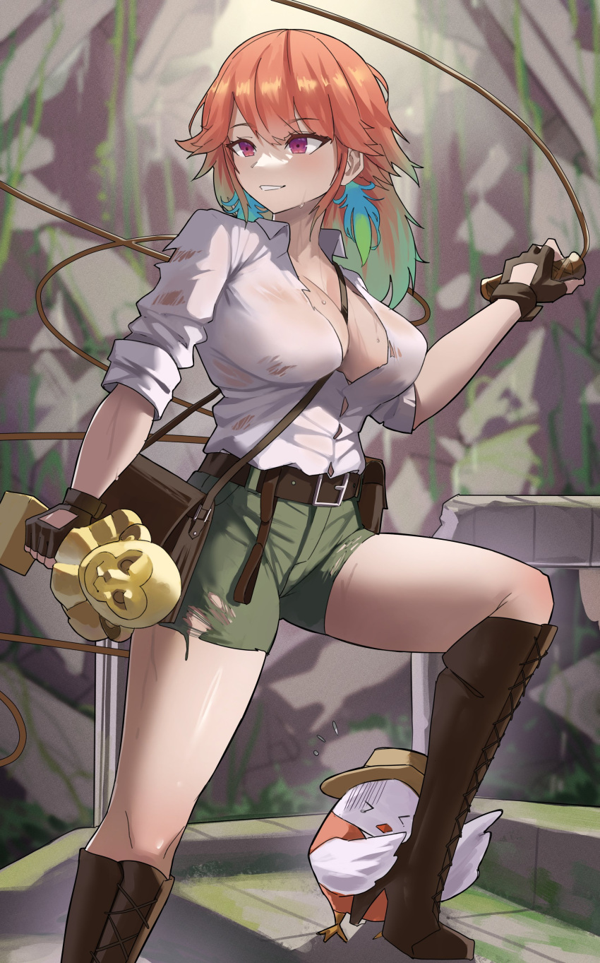 1girl absurdres archinoer bag boots breasts cleavage collared_shirt commission earrings feather_earrings feathers gradient_hair high_heel_boots high_heels highres hololive hololive_english jewelry jungle kfp_employee_(takanashi_kiara) large_breasts long_hair looking_afar multicolored_hair nature open_clothes open_shirt orange_hair outdoors pink_eyes ruins shirt shorts shoulder_bag smile solo statue sweat takanashi_kiara thighs torn_clothes virtual_youtuber whip white_shirt