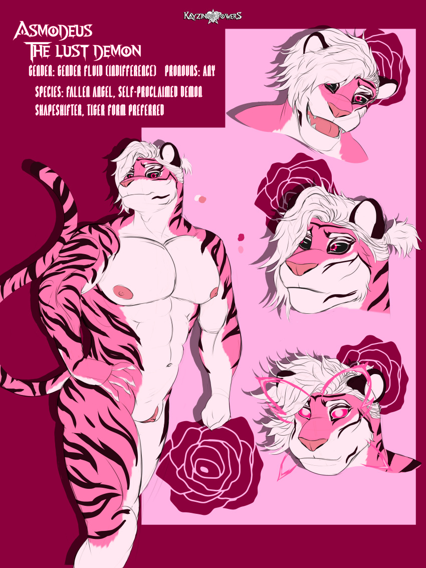 abs absurd_res ambiguous_gender andromorph andromorph/male anthro asmodeous_concupisco big_breasts big_butt breasts butt demon digital_drawing_(artwork) digital_media_(artwork) english_text felid feline female flat_colors flat_sketch fur genderfluid_(lore) genitals hair hi_res intersex intersex/male kay_powers looking_at_viewer male mammal model_sheet muscular muscular_anthro nipples nonbinary_(lore) nude open_mouth pantherine pink_body pink_fur simple_background sketch smile solo stripes tail text thick_thighs tiger vulva white_body white_fur