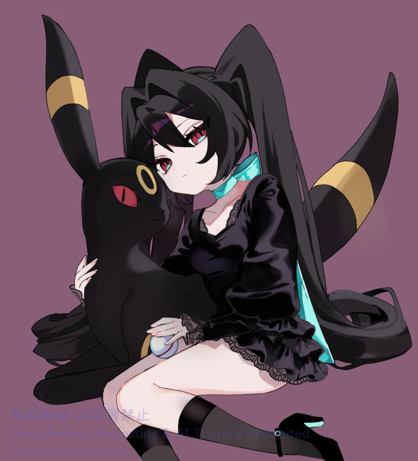 1girl black_dress black_hair breasts choker commentary_request dress expressionless hair_intakes high_heels highres long_hair looking_at_viewer luna_(nashi) nashi_(shi_ra_nu_i) original poke_ball pokemon pokemon_(creature) red_eyes ribbon_choker sitting slit_pupils small_breasts twintails umbreon very_long_hair