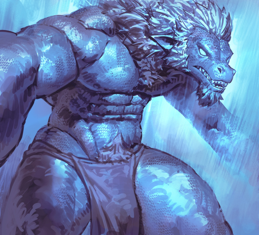 2026 abs anthro biceps biped blue_background blue_monochrome bottomwear clothed clothing deltoids digital_drawing_(artwork) digital_media_(artwork) empty_eyes foreshortening front_view furrowed_eyebrows hair hi_res kingarthur_i latissimus_dorsi loincloth loincloth_only male male_anthro monochrome muscular muscular_anthro muscular_male neck_tuft nipples non-mammal_nipples open_mouth pecs pointy_ears portrait scales scalie sharp_teeth simple_background snout solo teeth three-quarter_portrait topless topless_anthro topless_male trapezius tuft
