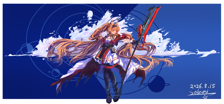 1girl angelina_(arknights) angelina_the_mellow_wish_(arknights) animal_ears arknights black_boots black_collar black_gloves black_hairband black_thighhighs boots border breasts brown_hair chinese_commentary cleavage cloud collar commentary_request cumulonimbus_cloud dated detached_sleeves dress fox_ears fox_girl full_body gloves hairband highres holding holding_staff long_hair orbital_path outside_border planet pleated_dress red_eyes salami0 signature sleeveless sleeveless_dress staff thighhighs twintails very_long_hair white_border white_dress