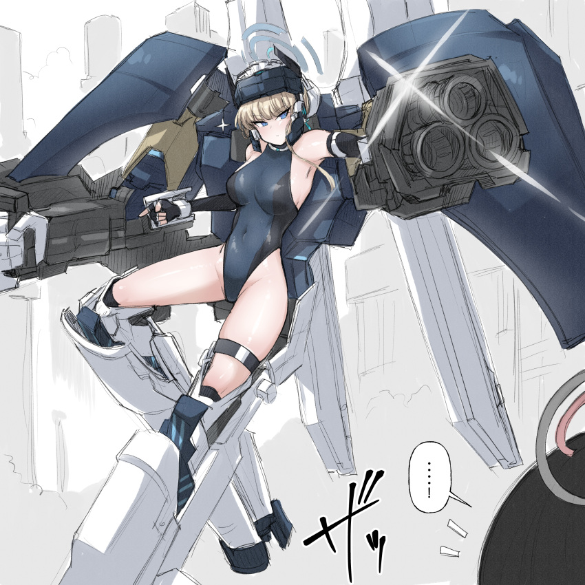 ...! 2girls absurdres black_gloves blonde_hair blue_archive blue_eyes blue_halo blue_leotard blunt_bangs breasts commentary_request covered_navel elbow_gloves exoskeleton fingerless_gloves gloves groin halo headgear highres leotard looking_at_viewer maid_headdress mechanical_legs medium_breasts multiple_girls nanashi_(pixiv_98920795) rio_(blue_archive) thighs toki_(abi-eshuh)_(blue_archive) toki_(blue_archive)