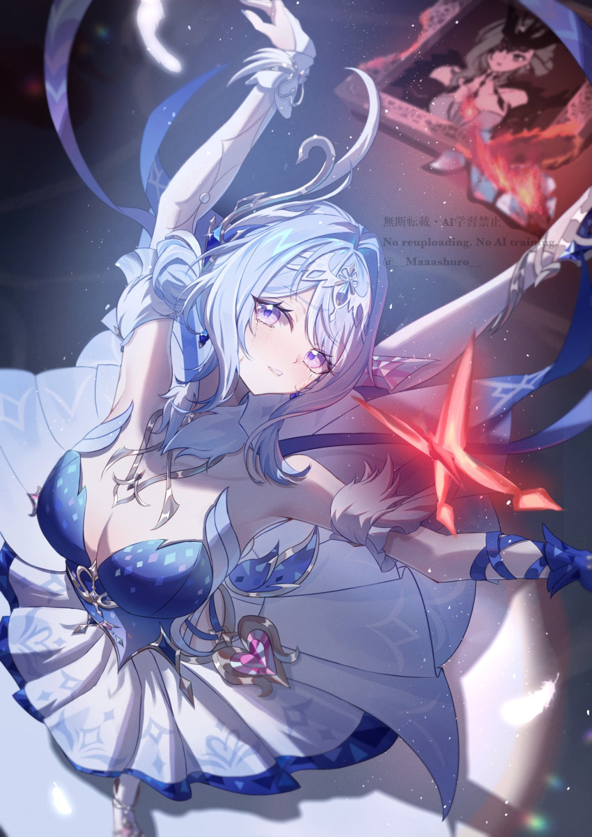 1girl arm_strap armband arms_up artist_name asymmetrical_gloves ballerina bare_shoulders bloom blue_dress blue_gem blue_gloves blue_hair blue_shoes blush breasts bug butterfly commentary_request crimson_lotus_moth_(genshin_impact) crying crying_with_eyes_open dancing dress feather_hair_ornament feathers feet_out_of_frame fingerless_gloves fur_collar fur_trim gem genshin_impact gloves hair_between_eyes hair_bun hair_ornament hairband headpiece heart-shaped_gem high_heels highres looking_at_viewer looking_up maaashuro medium_breasts multicolored_hair odette_(genshin_impact) pantyhose picture_frame pink_gem purple_eyes red_butterfly shadow shoes short_hair sidelocks signora_(genshin_impact) smile solo stage_lights standing standing_on_one_leg strapless strapless_dress streaked_hair tears teeth two-tone_dress watermark wavy_hair white_armband white_dress white_feathers white_gloves white_hair white_hairband white_pantyhose