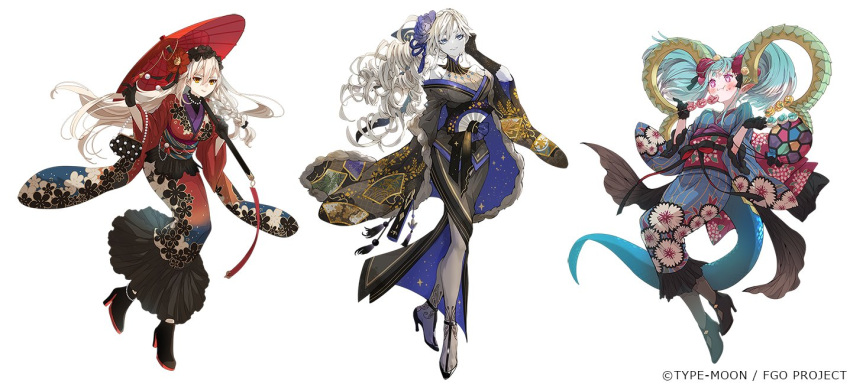 3girls bag bare_shoulders bow commentary_request copyright_name curled_horns curly_hair dress eating fate/grand_order fate_(series) floral_print floral_print_kimono flower food frilled_dress frilled_hairband frills furisode hair_bow hair_flower hair_ornament hairband handbag high_heels holding holding_bag holding_skewer holding_umbrella horns japanese_clothes kimono kriemhild_(fate) kriemhild_(kyomaf_2026)_(fate) larva_tiamat_(fate) multiple_girls nanahara_shie official_alternate_costume official_art olga_marie_animusphere olga_marie_animusphere_(kyomaf_2026) print_kimono skewer star-shaped_pupils star_(symbol) sweets symbol-shaped_pupils tanghulu tiamat_(fate) umbrella wagashi