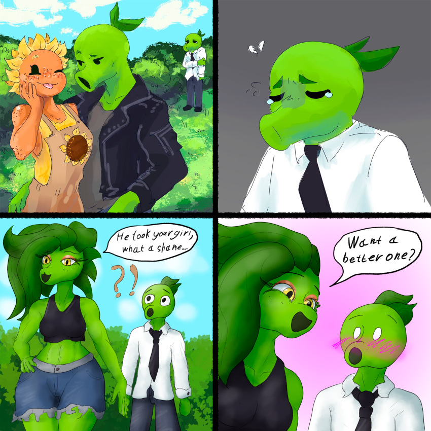 1:1 absurd_res accessory athletic athletic_female blush clothing comic crop_top dialogue electronic_arts elemental_creature female flora_fauna flower flower_creature green_body group hi_res jacket leather leather_clothing leather_jacket leather_topwear male marunishkek morkochertyonok necktie peablaze_(leafpaw) peashooter_(pvz) plant plants_vs._zombies popcap_games sad shirt size_difference sunflower_(pvz) text topwear