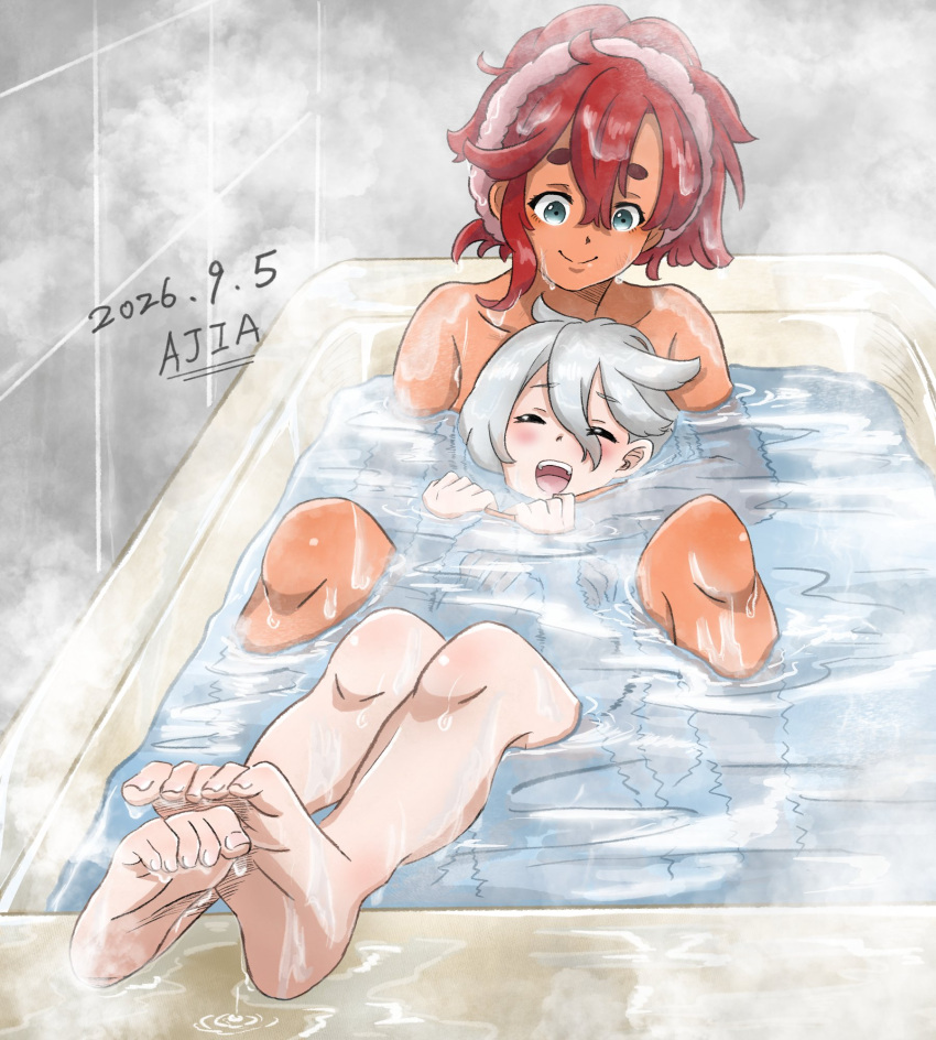 2girls artist_name bath bathtub blacktea_ajia blue_eyes closed_eyes closed_mouth commentary_request dark-skinned_female dark_skin dated feet grey_hair gundam gundam_suisei_no_majo highres hug hug_from_behind miorine_rembran multiple_girls nude open_mouth partially_submerged red_hair same-sex_bathing shared_bathing smile soles steam suletta_mercury thick_eyebrows toes yuri