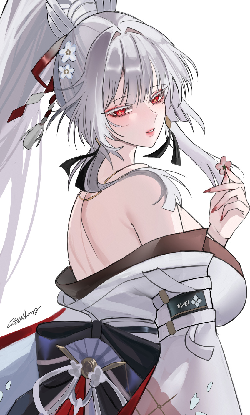 1girl absurdres breasts colored_eyelashes commentary_request earrings fingernails from_side hair_ribbon hand_up highres hiyuki_(wuthering_waves) japanese_clothes jewelry kimono korean_commentary large_breasts long_fingernails nail_polish off_shoulder parted_lips ponytail red_eyes red_nails red_ribbon ribbon rudang signature simple_background solo turning_head upper_body white_background white_eyelashes white_hair white_kimono wuthering_waves