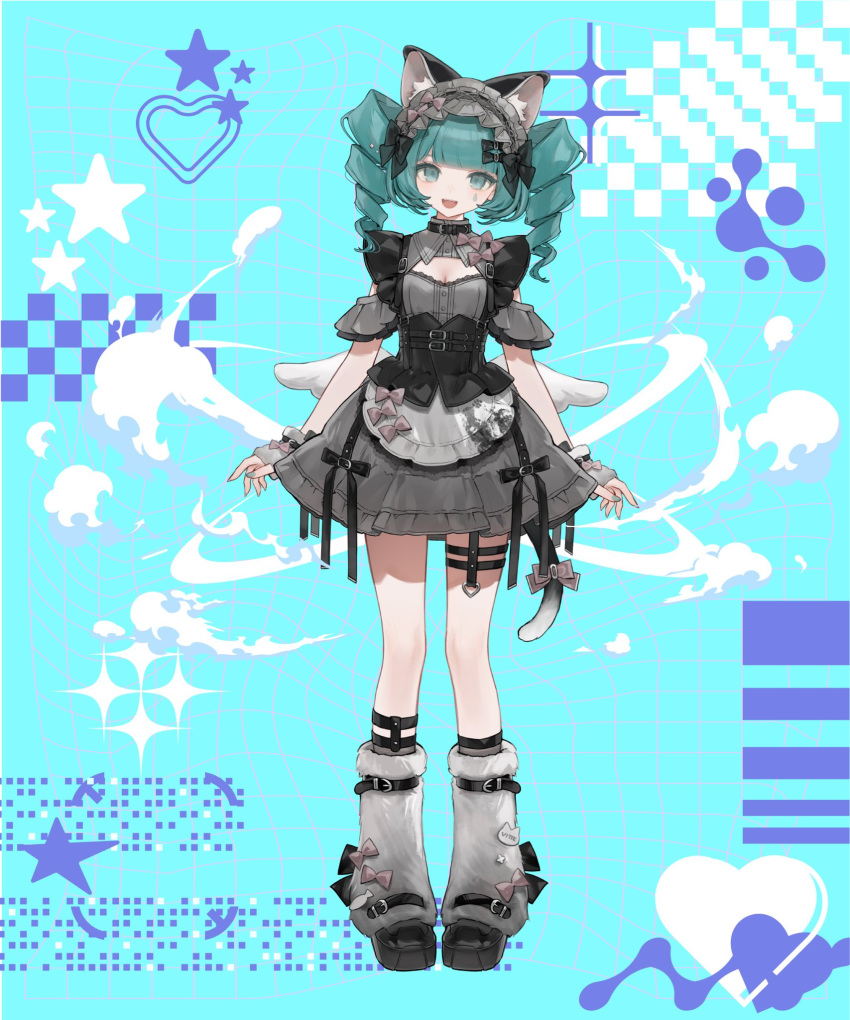 1girl :d animal_ear_fluff animal_ears apron aqua_eyes aqua_hair aqua_nails arm_warmers belt belt_collar black_boots black_bow black_choker black_corset blunt_bangs bodice boots bow breasts cat_ears cat_girl cat_ornament cat_tail chocoan choker cleavage cleavage_cutout clothing_cutout collar commentary_request corset detached_sleeves dress drill_hair facial_mark fake_wings fangs fingerless_gloves fish_ornament framed_breasts frilled_apron frilled_corset frilled_dress frills gloves grey_apron grey_dress hair_bow hair_ornament high_collar highres kamitsubaki_studio kneehighs leg_warmers long_hair looking_at_viewer maid_headdress mini_wings multiple_belts multiple_hair_bows nail_polish official_alternate_costume official_art platform_boots platform_shoes plus_sign second-party_source shoes short_sleeves sidelocks sinsekai_record smile socks solo strap tail tail_bow tail_ornament teardrop_facial_mark thigh_strap twin_drills underbust valis_(sinsekai) vitte_(valis) waist_apron wings