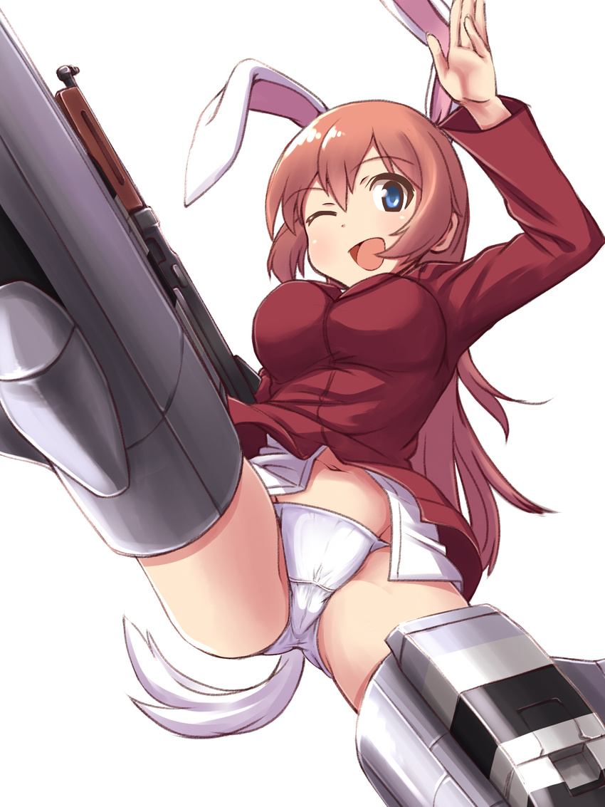 ;d a9b_(louis814) animal_ears blue_eyes blush bunny_ears bunny_tail charlotte_e_yeager flying gun highres long_hair long_sleeves military military_uniform navel one_eye_closed open_mouth orange_hair panties simple_background smile solo strike_witches striker_unit submachine_gun tail thompson_submachine_gun underwear uniform weapon white_background white_panties world_witches_series
