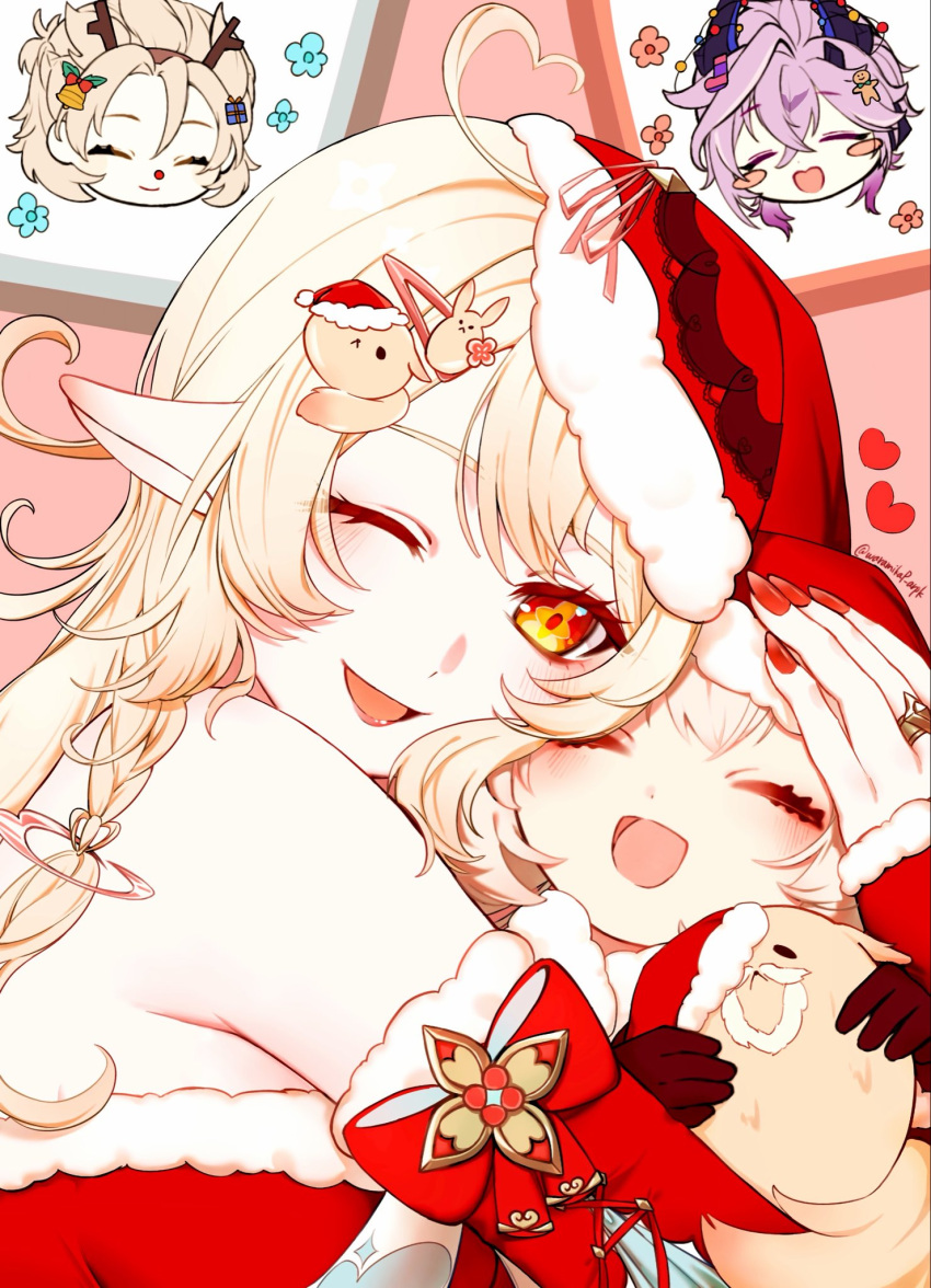 2boys 2girls :d ;d ^_^ albedo_(genshin_impact) alice_(genshin_impact) animal_ears antlers bare_shoulders blonde_hair blush bow closed_eyes closed_mouth commentary_request detached_sleeves dodoco_(genshin_impact) durin_(genshin_impact) ear_blush fake_animal_ears fingernails from_side fur-trimmed_headwear fur_trim genshin_impact hat highres holding horns hug klee_(genshin_impact) long_hair looking_at_viewer mother_and_child mother_and_daughter multiple_boys multiple_girls nail_polish one_eye_closed open_mouth parent_and_child pointy_ears purple_hair red_bow red_eyes red_hat red_nails red_sleeves reindeer_antlers smile symbol_in_eye waramikap