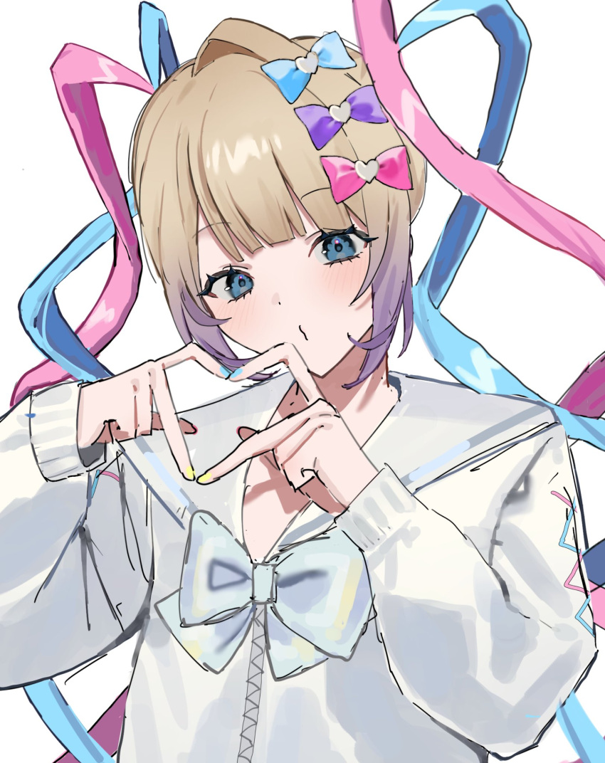 1girl blonde_hair blue_bow blue_bowtie blue_eyes blue_hair blue_nails blue_shirt bow bowtie chouzetsusaikawa_tenshi-chan four-finger_heart_hands gradient_hair hair_bow heart heart_hands highres long_hair multicolored_hair multicolored_nails multiple_hair_bows nail_polish nakataa_7 needy_girl_overdose pink_bow pink_hair purple_bow purple_hair quad_tails shirt simple_background solo upper_body very_long_hair white_background yellow_nails