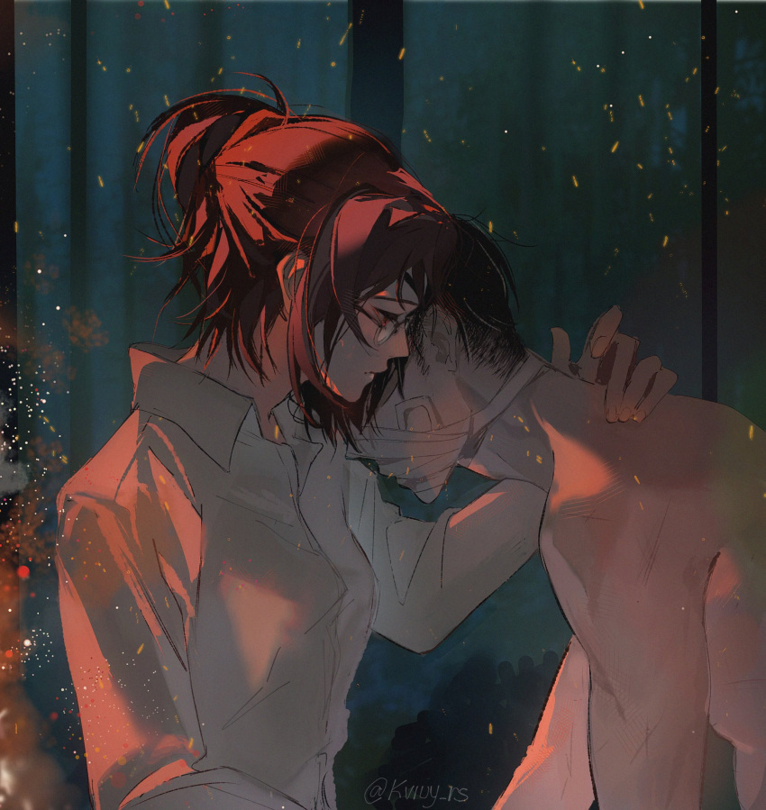 1boy 1girl arm_around_neck bandaged_head bandages bandages_over_mouth black_hair breasts brown_hair collarbone couple embers eyepatch glasses hange_zoe hetero highres kviuy_rs levi_(shingeki_no_kyojin) medium_breasts medium_hair ponytail sad shingeki_no_kyojin shirt short_hair topless_male twitter_username upper_body white_shirt