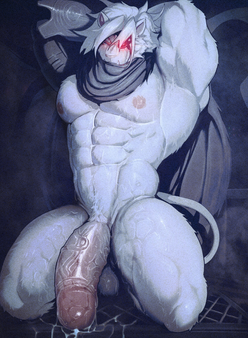 2026 abs absurd_res anthro areola armpit_tuft balls big_muscles big_pecs big_penis biped black_scarf blue_eyes bodily_fluids cheek_tuft cum cum_drip cum_on_ground digital_drawing_(artwork) digital_media_(artwork) dripping eye_patch eyewear facial_tuft felid fur genital_fluids genitals glans glistening glistening_body glistening_genitalia glistening_glans glistening_penis hair half-erect hands_behind_head hi_res huge_penis humanoid_genitalia humanoid_penis kneeling league_of_legends lion looking_at_viewer male male_anthro mammal mismatched_genitalia mismatched_humanoid_penis mismatched_penis mostly_nude mostly_nude_anthro mostly_nude_male mouth_closed muscular muscular_anthro muscular_male navel nipples pantherine pecs penis pink_areola pink_glans pink_inner_ear pink_nipples pink_nose pointy_ears prick_ears pubes rengar_(lol) riot_games scarf scarf_only small_waist solo sweat sweaty_balls sweaty_body sweaty_genitalia sweaty_legs sweaty_pecs sweaty_penis sweaty_thighs tail teeth tencent thick_thighs tuft vein veiny_penis vo7gu46xduh36 white_body white_fur white_hair white_pubes white_tail