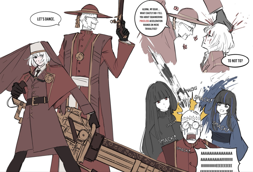 1boy 3girls afterimage albina_(project_moon) alternate_costume antique_firearm araya_(project_moon) bald belt black_belt black_eyes black_gloves black_hair black_necktie black_track_suit blood blue_streaks callisto_(project_moon) cassock coat collared_shirt english_commentary english_text firelock flintlock flower_symbol gatling_gun glasses gloves gun hat heterochromia highres holding holding_gun holding_weapon hvcassini98 japanese_clothes jewelry kimono limbus_company long_hair multicolored_hair multiple_girls necklace necktie nun_headdress official_alternate_costume opaque_glasses personality_switch project_moon red_coat red_eyes red_hat red_robe red_shirt robe round_eyewear ryoshu_(project_moon) scar scar_on_face scolding screaming shirt short_hair simple_background smile sound_effects speech_bubble sportswear standing stitched_face stitches stole streaked_hair tears track_suit weapon white_background white_hair white_shirt