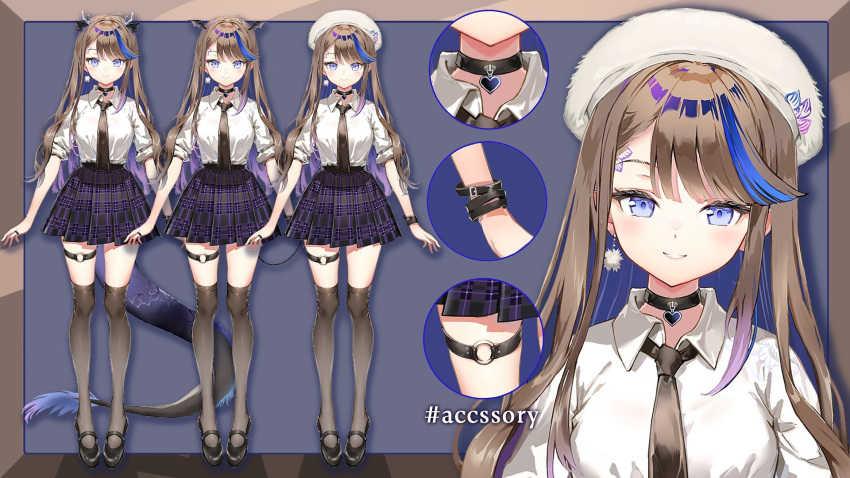 1girl airi_kanna airi_kanna_(2nd_costume) anmi beret black_choker black_necktie black_shoes black_skirt black_thighhighs blue_eyes blue_streaks breasts brown_hair choker collared_shirt dragon_girl dragon_horns dragon_tail earrings eastern_dragon_horns eastern_dragon_tail hat highres horns jewelry medium_breasts multicolored_hair necktie o-ring o-ring_thigh_strap official_alternate_costume official_alternate_hairstyle official_art pleated_skirt purple_streaks shirt shoes skirt standing stellive straight_hair streaked_hair tachi-e tail thigh_strap thighhighs virtual_youtuber white_hat white_shirt