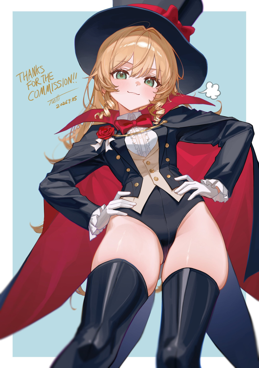1girl absurdres ass_visible_through_thighs black_boots black_cloak black_hat black_jacket black_leotard black_thighhighs blonde_hair blue_background boots bow bowtie brown_vest cloak commentary commission flower gloves green_eyes groin hands_on_own_hips hat highleg highleg_leotard highres illustuttillust jacket leotard leotard_under_clothes long_hair looking_at_viewer multicolored_cloak original phantom_thief phantom_thief_(kkmomo67) red_bow red_bowtie red_cloak rose shirt simple_background skeb_commission smile solo standing thigh_boots thighhighs thighs top_hat two-sided_cloak two-sided_fabric two-tone_cloak vest white_gloves white_shirt