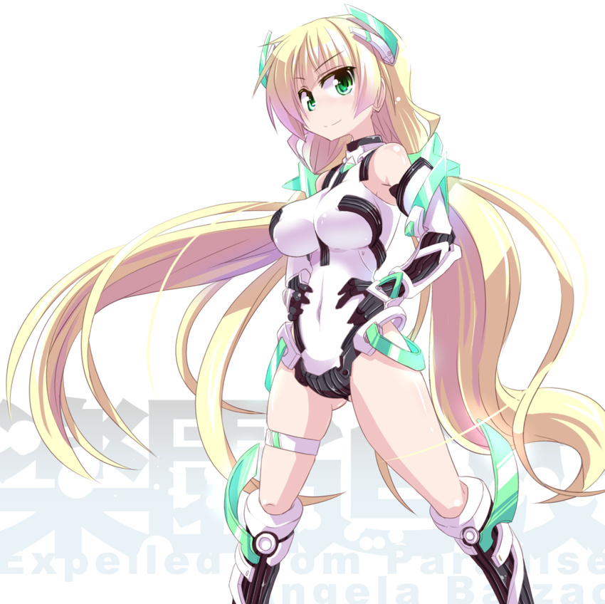 angela_balzac blonde_hair breasts green_eyes hands_on_hips headgear highres kazekawa_nagi large_breasts leotard long_hair looking_at_viewer low_twintails rakuen_tsuihou smile solo twintails very_long_hair