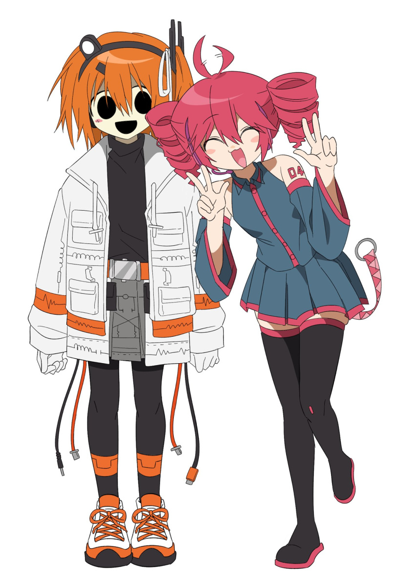 2girls :3 :d a.i._voice adachi_rei ahoge ahoge_wag belt belt_buckle beullobjiji black_boots black_pantyhose black_shirt blush_stickers boots buckle cardiogram_print closed_eyes commentary_request detached_sleeves double-parted_bangs double_w drill_hair empty_eyes expressive_hair full_body grey_skirt hair_between_eyes hair_ornament hair_ribbon hairclip headlamp highres jacket kasane_teto kasane_teto_(utau) korean_commentary leaning_forward messy_hair multicolored_shoes multiple_girls open_mouth orange_belt orange_hair orange_shoes pantyhose red_hair red_trim ribbon shirt shoelaces shoes short_hair side_ponytail simple_background skirt sleeveless sleeveless_shirt smile sneakers thigh_boots twin_drills two-tone_shoes utau w white_background white_jacket white_ribbon white_shoes zettai_ryouiki