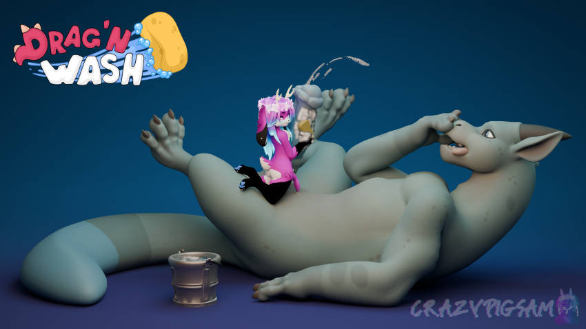 16:9 3d_(artwork) 4k absurd_res anthro antlers big_penis bite biting_lip blender_(artwork) blue_eyes blue_tail_tip bodily_fluids bucket_of_water claws covering covering_face crazypigsam cum cumshot digital_media_(artwork) dipstick_tail drag'n_wash dragon duo ejaculation feral floppy_ears flower flower_crown fur fur_markings genital_fluids genitals glowing glowing_hair gradient_background green_body hair hi_res horn huge_penis hyper hyper_genitalia hyper_penis jackalope kneeling_on_another knot knotted_penis lagomorph leaking_precum lying male male/male mammal markings mythological_creature mythological_scalie mythology nub_tail on_back pawpads penis petal_heart plant pointy_ears precum purple_body purple_eyes purple_hair ryan_(drag'n_wash) scalie sharp_teeth simple_background soap_on_penis soapy_water sponge spots spotted_markings tail tail_markings teeth widescreen