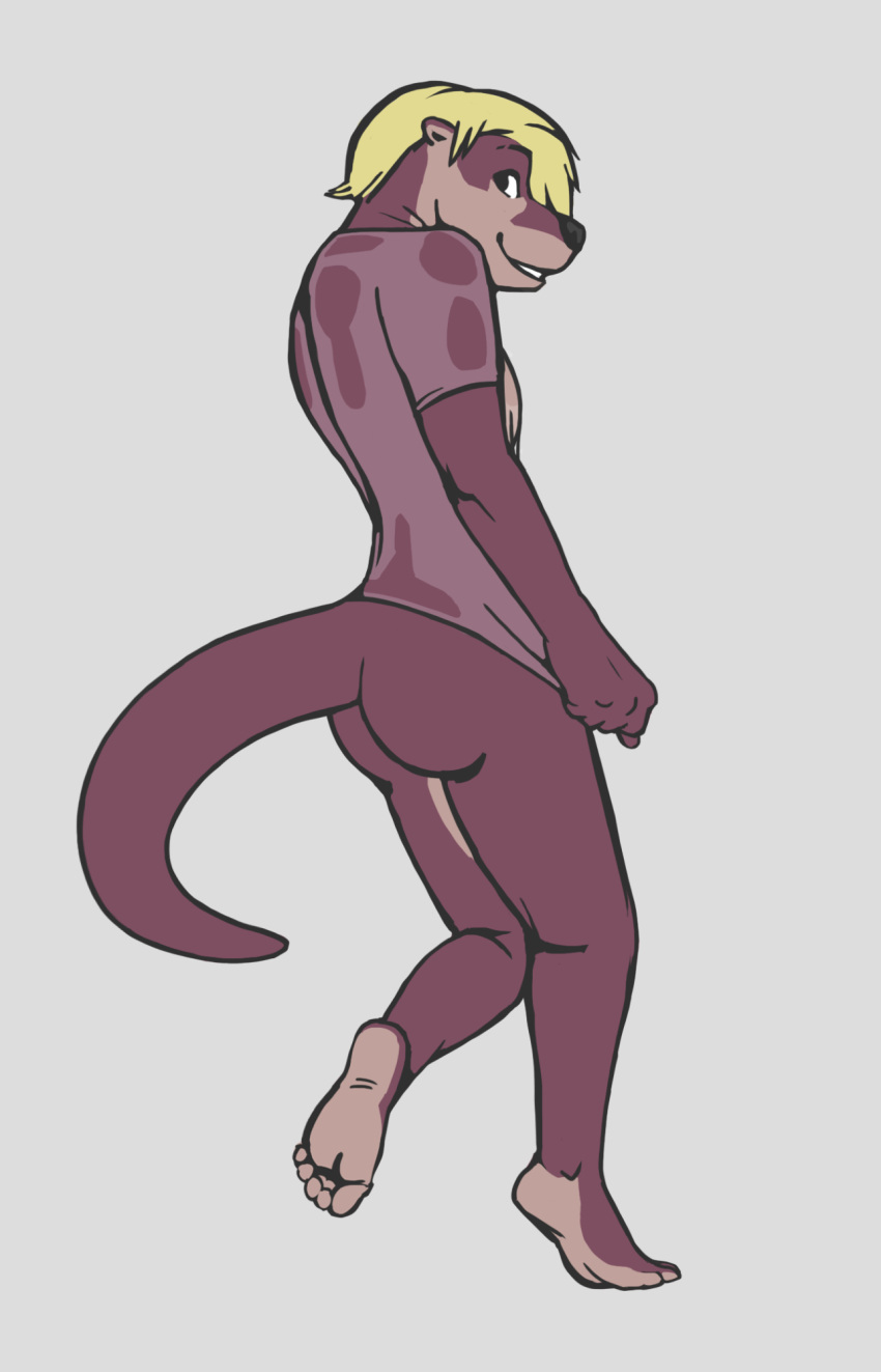 anthro blonde_hair breasts butt clothing female fur hair hi_res hutch_(oystr) intersex lightened_soles looking_back mammal maroon_fur multicolored_body multicolored_fur mustelid otter oystr pink_body pink_fur pulling_shirt_down shirt simple_background small_breasts smile solo t-shirt topwear trans_(lore) translucent translucent_clothing translucent_shirt translucent_t-shirt translucent_topwear two_tone_body two_tone_fur wet wet_clothing wet_shirt wet_t-shirt wet_topwear white_background