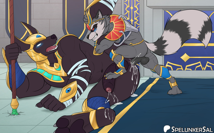 3_toes 5_fingers abs alternate_costume anal anal_penetration anthro anthro_on_anthro anthro_penetrated anthro_penetrating anthro_penetrating_anthro anubian_jackal anus arm_armor armor armwear artist_name balls bandage bandaged_arm banner biped bodily_fluids bottomless bottomless_anthro bottomless_male brown_balls brown_body brown_fur brown_pawpads brown_penis brown_perineum butt canid canine canis carpet claws clenched_teeth clothed clothing cracked_ground crossover cum cum_in_ass cum_inside cum_leaking_from_ass cum_on_butt cum_on_feet cum_on_ground cum_while_penetrated digital_media_(artwork) duo ejaculating_while_penetrating ejaculation erection facial_markings fangs feet fingers floor fluffy fluffy_tail foot_fetish foot_on_penis foot_play foreskin fur genital_fluids genitals glans glowing glowing_eyes gold_(metal) gold_armor gold_helmet grey_balls grey_body grey_fur grey_penis guardians_of_the_galaxy head_markings headgear headpiece helmet hi_res holding_object holding_weapon humanoid_genitalia humanoid_penis inside interspecies jackal knee_pads larger_anthro larger_male larger_penetrated larger_sub league_of_legends leg_armor leg_glider_position lying male male/male male_anthro male_penetrated male_penetrating male_penetrating_male mammal markings marvel marvel_rivals mask_(marking) motion_lines muscular muscular_anthro muscular_arms muscular_male muscular_penetrated nasus_(lol) navel on_side open_mouth pawpads paws penetration penile penile_penetration penis penis_in_ass penis_size_difference perineum procyonid raccoon raised_leg red_eyes riot_games rocket_raccoon sex short short_anthro short_male size_difference smaller_anthro smaller_male spelunker_sal submissive tail teeth tencent text thrust_lines tile tile_floor toe_claws toes urethra vein veiny_penis wall_(structure) weapon white_bandages