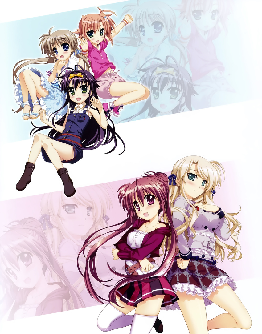 absurdres blonde_hair blue_eyes breasts brown_hair corona_timir dress fang frilled_skirt frills fujima_takuya green_eyes hair_ribbon hand_on_hip harry_tribeca highres jacket large_breasts long_hair low_twintails lyrical_nanoha mahou_shoujo_lyrical_nanoha_vivid miura_rinaldi multiple_girls official_art overall_skirt pinafore_dress purple_eyes purple_hair ribbon rio_wezley sandals scan short_hair shorts skirt smile thighhighs twintails victoria_dahlgrun zoom_layer