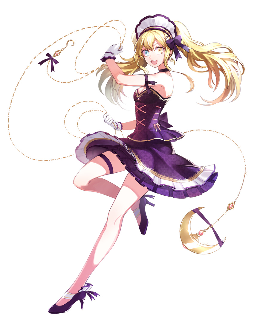 :d aqua_eyes azure090 bare_shoulders blonde_hair bow chain choker full_body gloves hair_bow heterochromia high_heels highres hook long_hair no_socks open_mouth original pumps ribbon skirt smile solo symbol-shaped_pupils thigh_strap transparent_background weapon yellow_eyes