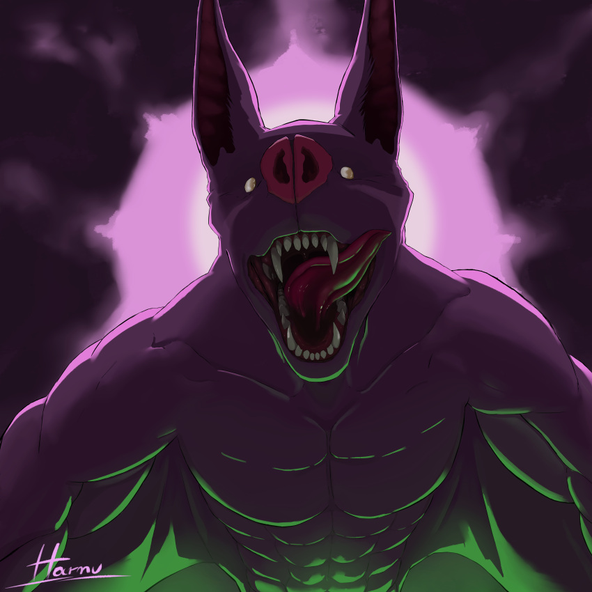 1:1 abs absurd_res anthro bat bat_nose bat_wings big_ears blind creepy creepy_face disability fangs green_light harnu_art hi_res light long_tongue male mammal membrane_(anatomy) membranous_wings muscular pecs pink_light purple_body sharp_teeth smile solo superabsurd_res teeth tongue wings