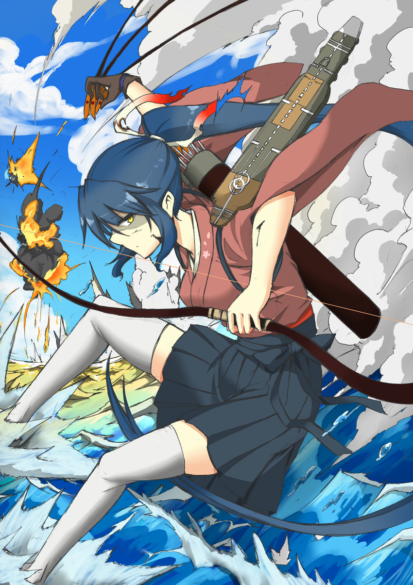 absurdres arrow blood blue_hair bow_(weapon) cloud day explosion fumotewi gloves highres houshou_(kantai_collection) japanese_clothes kantai_collection long_hair ocean ponytail shaded_face sky solo thighhighs traditional_media weapon yellow_eyes