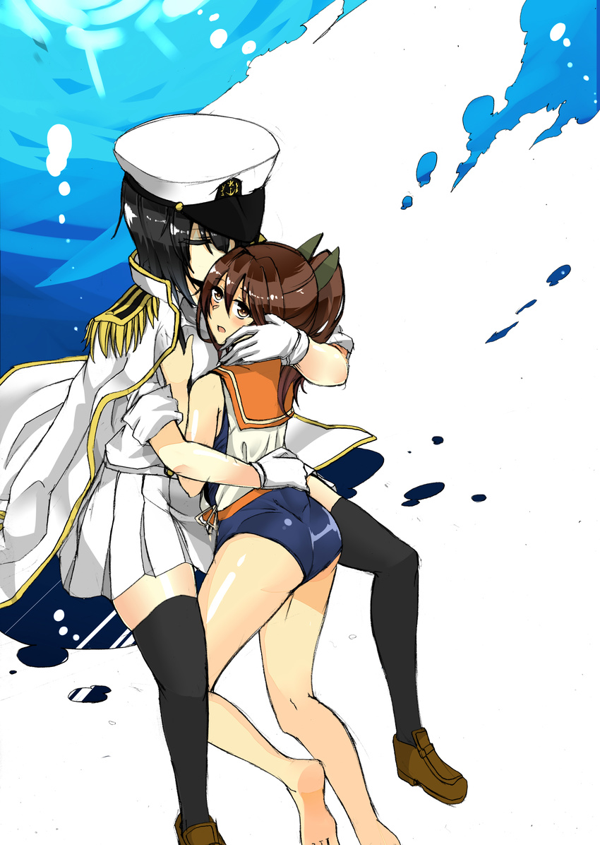 absurdres brown_hair female_admiral_(kantai_collection) fumotewi gloves highres hug i-401_(kantai_collection) kantai_collection multiple_girls ponytail school_swimsuit short_hair swimsuit swimsuit_under_clothes thighhighs traditional_media zettai_ryouiki