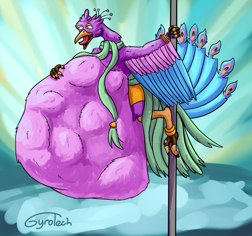 abdominal_bulge absurd_res anthro avian belly big_belly bird clothing dancing dress feathered_crest feathered_wings feathers galliform gyro_feather gyrotech head_crest hi_res huge_belly hyper hyper_belly male male_pred multiple_prey peafowl phasianid pole pole_dancing scarf vore winged_arms wings