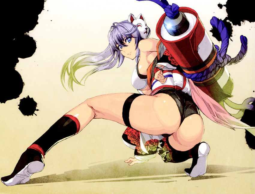 absurdres arm_support ass black_legwear breasts detached_sleeves fox_mask from_behind full_body hattori_hanzou_(hyakka_ryouran) highres hyakka_ryouran_samurai_girls kneeling large_breasts looking_at_viewer looking_back mask nishii_(nitroplus) ponytail purple_hair scan scroll sideboob socks solo