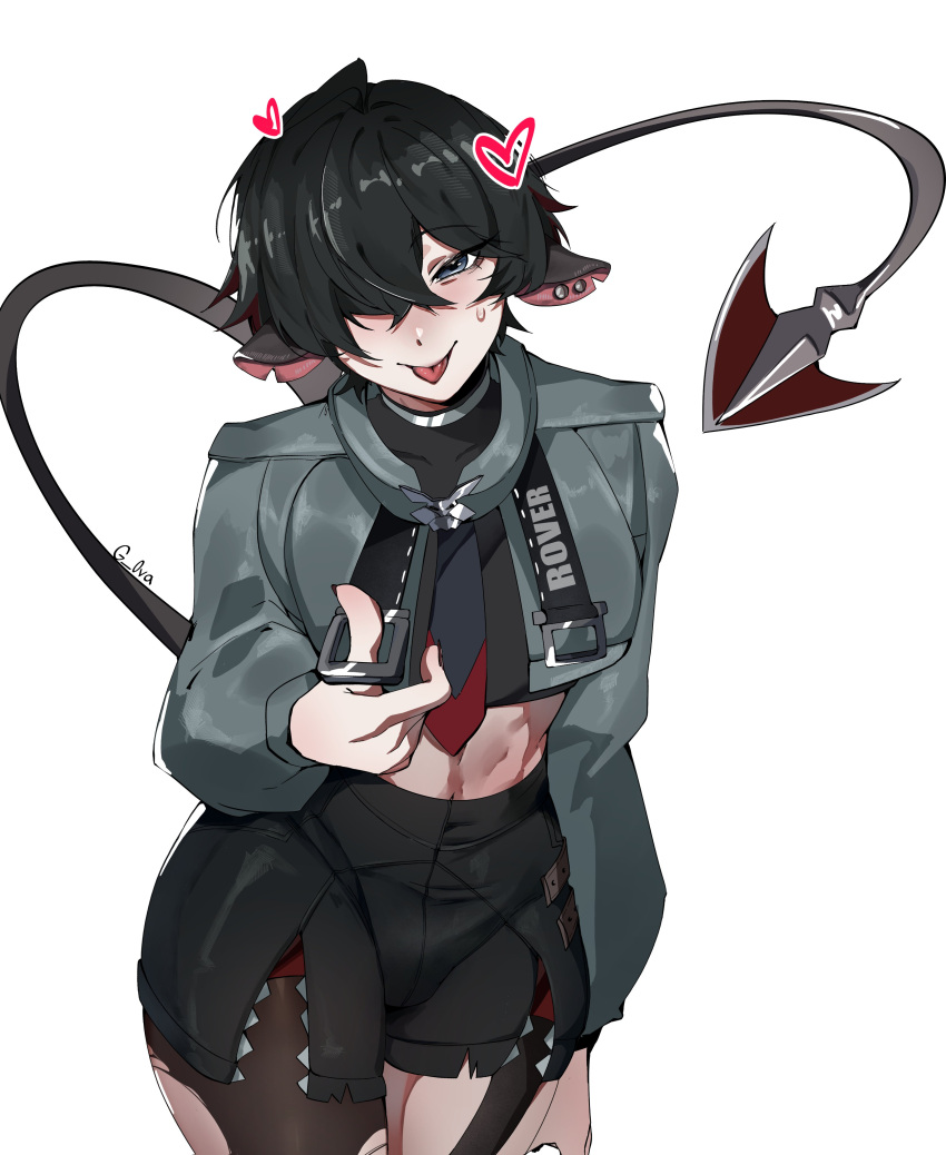 1boy absurdres animal_ears black_hair bulge commentary cosplay english_commentary fingerless_gloves g_0va genderswap genderswap_(ftm) gloves hair_over_one_eye high-waist_shorts highres jacket jane_doe_(zenless_zone_zero) jane_doe_(zenless_zone_zero)_(cosplay) john_doe_(zenless_zone_zero)_(scopeophilia) looking_at_viewer male_focus midriff mouse_boy mouse_ears mouse_tail necktie pantyhose sharp_tail shorts simple_background single_leg_pantyhose smile solo tail thighhighs tongue tongue_out torn_clothes torn_pantyhose trap two-tone_necktie very_long_tail zenless_zone_zero