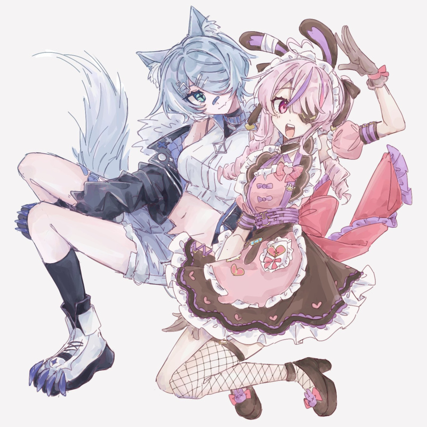 2girls :o ahoge animal_ear_fluff animal_ears aqua_eyes between_legs blue_hair breasts clawed_boots commentary cross-shaped_pupils drill_hair elira_pendora elira_pendora_(wolf) fang fishnet_thighhighs fishnets full_body fur-trimmed_jacket fur_trim gloves hair_over_one_eye hand_between_own_legs head_tilt heart heart_ahoge high_heels highres jacket large_breasts long_hair looking_at_viewer maid maid_headdress maria_marionette maria_marionette_(maid) multiple_girls navel nijisanji nijisanji_en off_shoulder open_clothes open_jacket pink_eyes pink_hair rabbit_ears simple_background single_fishnet_legwear single_thighhigh skin_fang smile symbol-shaped_pupils tail thighhighs twin_drills virtual_youtuber white_background wolf_ears wolf_tail yurrrara00