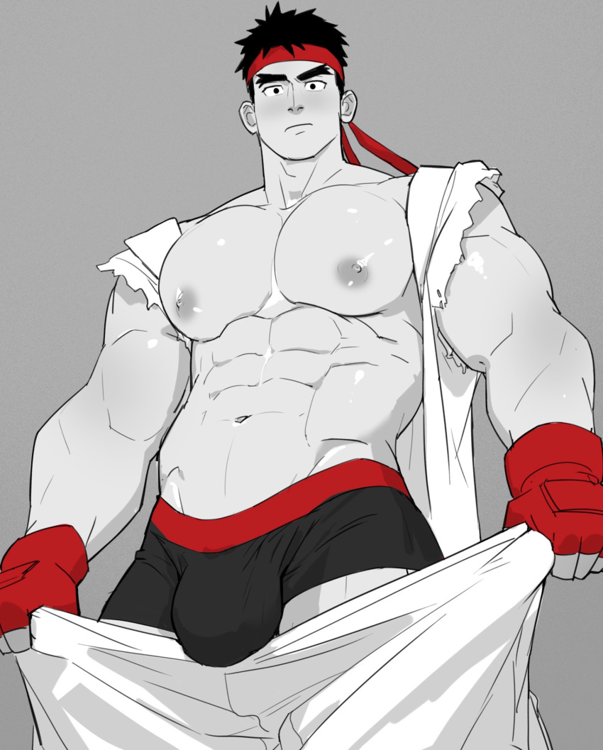 1boy abs adam's_apple bara biceps black_hair black_male_underwear broad_shoulders bulge commentary cowboy_shot dougi fingerless_gloves gloves grey_background groin headband highres jacket karate_gi large_pectorals looking_at_viewer male_focus male_underwear muscular muscular_arms muscular_male naoki_(xhju8282) navel nipples open_clothes open_jacket partially_colored pectorals raised_eyebrow red_gloves red_headband ryu_(street_fighter) shiny_skin simple_background solo street_fighter thick_eyebrows torn_clothes torn_sleeves triceps underwear uwagi white_dougi wide-eyed