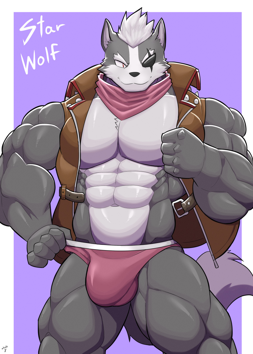 abs absurd_res anthro biceps big_muscles border canid canine canis countershade_face countershade_torso countershading deltoids eye_patch eyebrows eyewear forearm_muscles grey_body hi_res huge_muscles jock male mammal muscular muscular_anthro muscular_male nintendo pecs purple_background quads red_eyes shinobiya simple_background solo standing star_fox white_border wolf wolf_o'donnell