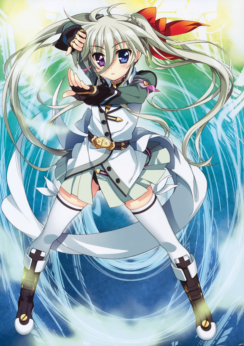 absurdres black_gloves black_panties boots einhart_stratos fujima_takuya full_body gloves grey_hair heterochromia highres huge_filesize lyrical_nanoha mahou_shoujo_lyrical_nanoha_vivid open_mouth panties scan solo thighhighs twintails underwear