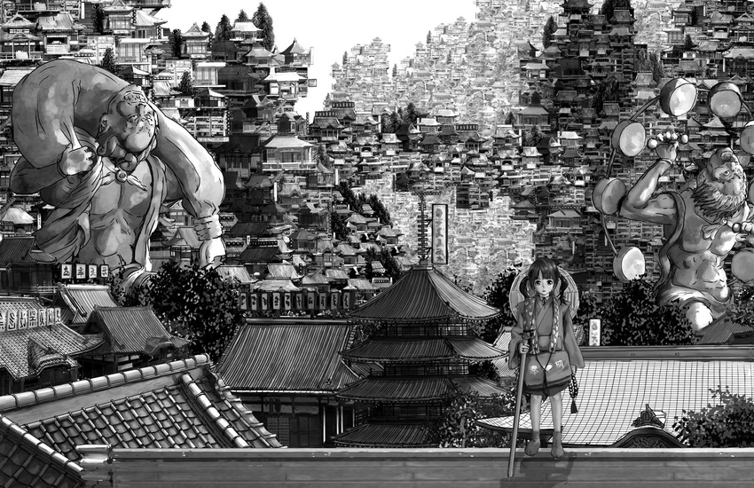 architecture bad_id bad_pixiv_id beads city cityscape east_asian_architecture fuujin greyscale hat highres japanese_clothes katou_fumitaka long_hair looking_at_viewer monk monochrome original pagoda prayer_beads raijin rooftop scenery shakujou solo staff statue straw_hat surreal tabi twintails