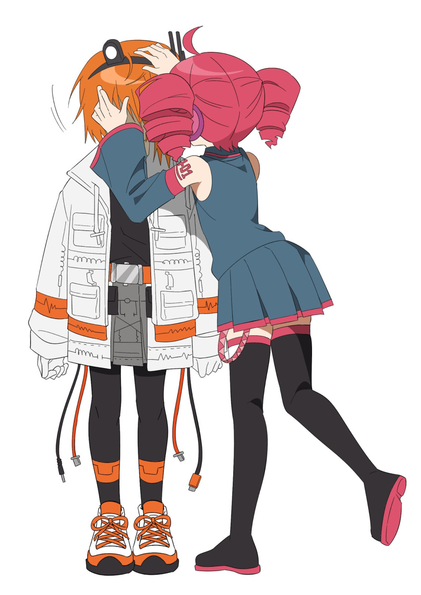 2girls a.i._voice adachi_rei adjusting_hair ahoge belt belt_buckle beullobjiji black_boots black_pantyhose black_shirt boots buckle cable cardiogram_print colored_shoe_soles commentary_request detached_sleeves drill_hair full_body grey_skirt hair_ornament hairclip hands_on_another's_head headlamp highres jacket kasane_teto kasane_teto_(utau) korean_commentary messy_hair multicolored_shoes multiple_girls orange_belt orange_hair orange_shoes pantyhose pleated_skirt red_hair red_trim shirt shoelaces shoes short_hair simple_background skirt sleeveless sleeveless_shirt sneakers thigh_boots twin_drills two-tone_shoes utau white_background white_jacket white_shoes zettai_ryouiki