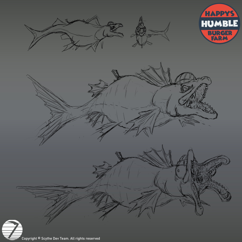 1:1 2021 absurd_res advertisement aquatic asset_samuel beanie beanie_only bulging_eyes clothing company_logo copyright_name copyright_symbol digital_drawing_(artwork) digital_media_(artwork) dorsal_fin english_description english_text facial_scar feral fin fish front_view furrowed_eyebrows grey_background grey_beanie grey_body grey_clothing grey_eyes grey_fin grey_gums grey_hat grey_headwear grey_scales grey_sclera grey_tail gums happy's_humble_(series) happy's_humble_burger_farm hat hat_only headgear headgear_only headwear headwear_only hi_res male male_(lore) male_feral monochrome monster mostly_nude mostly_nude_feral mostly_nude_male no_eyebrows no_pupils official_art open_mouth salmon salmonid_(fish) sammy_the_surly_salmon scales scar shao_xii sharp_teeth side_view simple_background sketch_page sockeye_salmon solo symbol tail tail_fin teeth text x_scar zipper