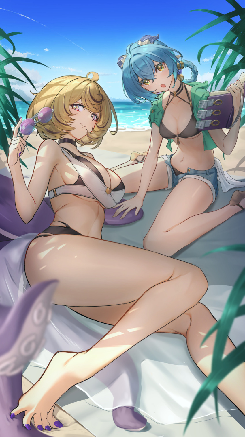 2girls animal_ears barefoot beach bikini black_bikini black_choker blonde_hair blue_hair blue_horns blue_shorts blue_sky book breasts choker closed_mouth commentary crossed_bangs goat_ears goat_girl goat_horns green_eyes hair_between_eyes highres holding holding_book holding_removed_eyewear horizon horns kinoyama_(0202) large_breasts long_hair looking_at_viewer lucia_elowen lying mole mole_under_mouth multiple_girls nail_polish navel ocean on_side open_book open_mouth outdoors pointy_ears purple-tinted_eyewear purple_eyes purple_nails sand short_hair shorts sitting sky smile suction_cups swimsuit tentacle_girl tentacle_tail tentacles tinted_eyewear toenail_polish toenails toes unworn_eyewear wariza water yidhari_murphy zenless_zone_zero