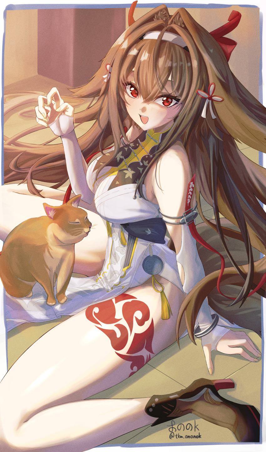 1girl absurdres armlet breasts brown_hair brown_tail cat chinese_clothes clover_hair_ornament commentary_request dress droopy_ears fluffy_tail hair_between_eyes hair_intakes hair_ornament hairband high_heels highres jewelry leg_tattoo long_hair looking_at_viewer qipao red_eyes silver_armlet sitting smile tail tattoo tkm-kagepuro wariza white_hairband ye_shunguang zenless_zone_zero
