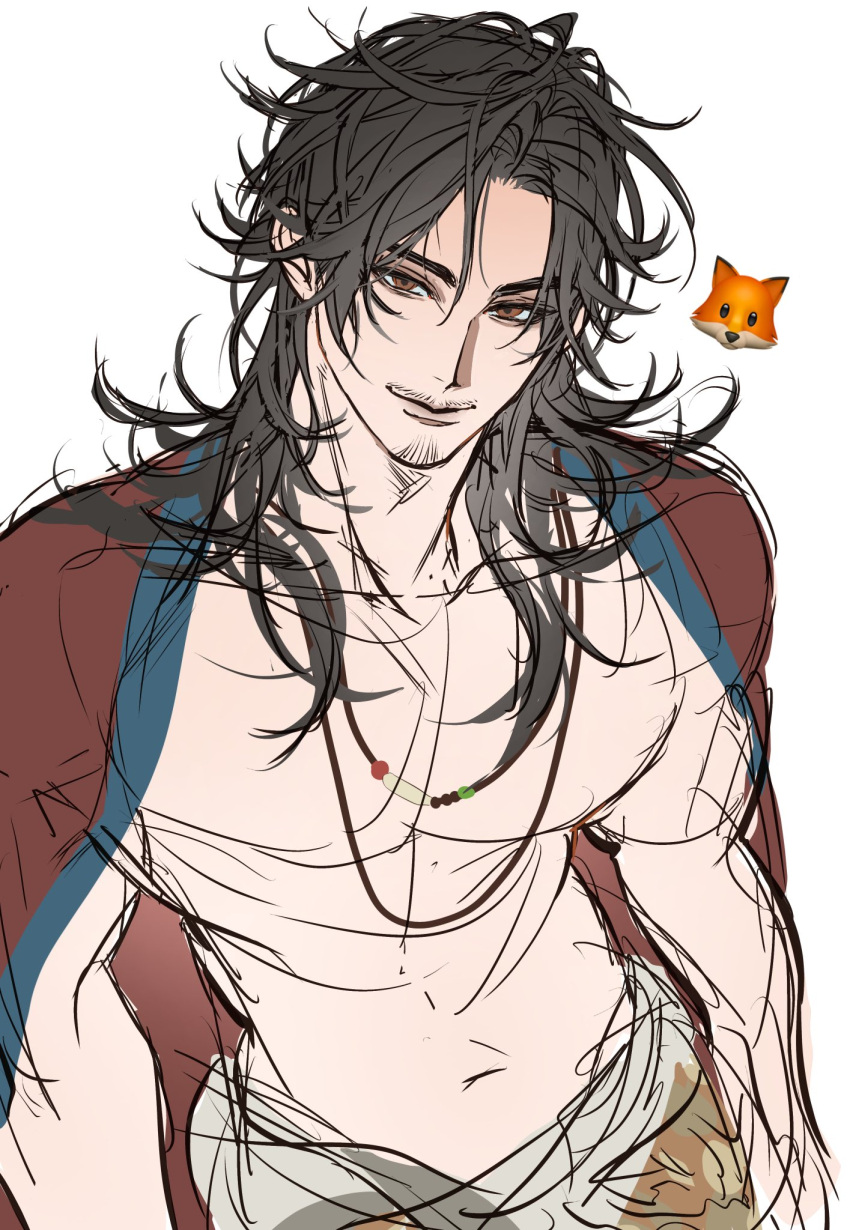 1boy all_wishes_come_true! bare_pectorals black_hair blue_trim brown_eyes closed_mouth coat coat_on_shoulders crema_525 emoji facial_hair fox hair_down highres jewelry large_pectorals long_hair looking_at_viewer male_focus messy_hair muscular muscular_male mustache_stubble navel necklace open_clothes open_robe partially_undressed pectorals red_coat robe simple_background sketch smile solo stubble thick_eyebrows topless_male white_background zhongli_quan_(all_wishes_come_true!)