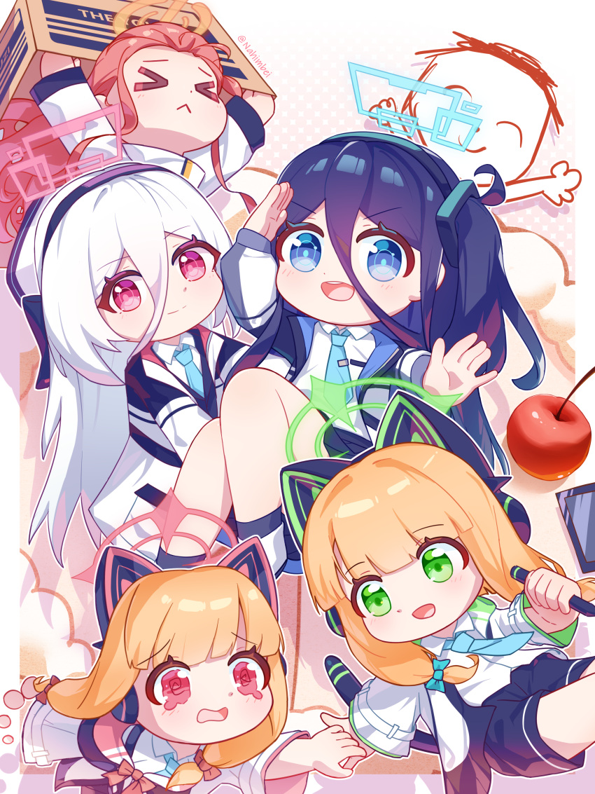 >_< 1boy 5girls :< :d @_@ \o/ absurdres afterimage animal_ear_headphones animal_ears apple aqua_bow aqua_halo aris_(blue_archive) arm_up arms_up artist_name black_bow black_hairband black_jacket black_shorts black_socks blonde_hair blue_archive blue_eyes blue_hair blue_necktie blue_pupils blunt_bangs border bow bowtie box cardboard_box cat_ear_headphones cat_ears cat_tail chibi chibi_only chinese_commentary closed_eyes closed_mouth collared_shirt commentary_request cowboy_shot doodle_sensei_(blue_archive) dot_nose double-parted_bangs dripping_eye facing_ahead facing_viewer fake_animal_ears fake_tail food fruit full_body game_development_department_(blue_archive) green_eyes green_halo green_pupils hair_between_eyes hair_bow hairband halo hand_up headphones highres holding holding_box holding_hands holding_stylus jacket kei_(blue_archive) kei_(student)_(blue_archive) knees_together_feet_apart knees_up leaning_back leaning_forward light_blush light_smile long_hair long_hair_between_eyes long_sleeves looking_at_another looking_at_viewer loosely_tucked_bangs low-tied_sidelocks midori_(blue_archive) momoi_(blue_archive) multi-source_commentary multiple_girls nahimbei necktie one_side_up open_clothes open_hand open_jacket open_mouth orange_halo outside_border outstretched_arms peanut_mouth pink_background pink_bow pink_bowtie pink_eyes pink_hair pink_halo pink_pupils pulling raised_inner_eyebrows rectangular_halo salute sensei_(blue_archive) shirt shoes short_shorts shorts siblings sidelocks sisters smile socks stylus tail tareme teeth twins upper_body upper_teeth_only v-shaped_eyebrows very_long_hair white_border white_hair white_jacket white_shirt white_shoes x< yuzu_(blue_archive)