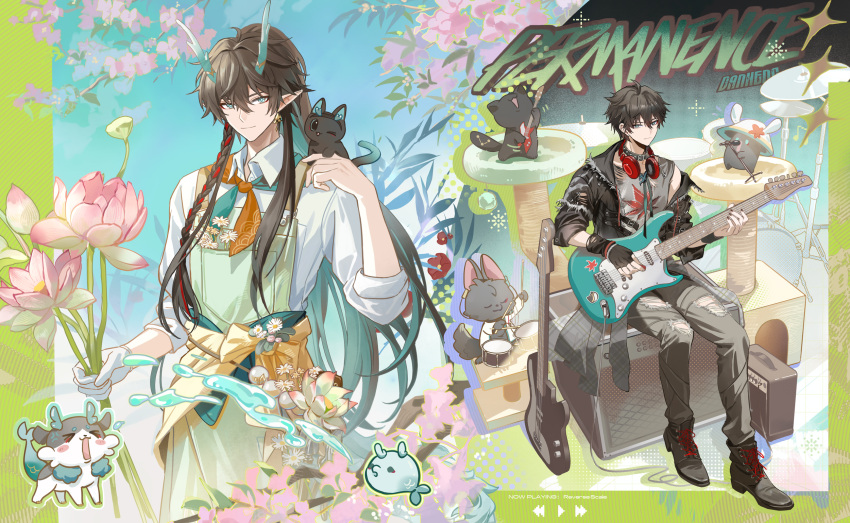2boys achyue alternate_costume amplifier animal_on_shoulder animalization apron aqua_hair aqua_horns belt_collar black_boots black_gloves black_jacket boots braid brown_hair cat chimera_(honkai:_star_rail) closed_mouth collar collared_shirt colored_inner_hair commentary_request cowboy_shot dan_heng_(honkai:_star_rail) dan_heng_(imbibitor_lunae)_(honkai:_star_rail) dan_heng_(woof_woof_dan)_(honkai:_star_rail) dragon_boy dragon_horns drum drum_set eastern_dragon_horns electric_guitar english_text fingerless_gloves flower full_body gloves green_apron green_eyes green_neckerchief grey_pants grey_shirt guitar headphones headphones_around_neck highres holding holding_flower holding_guitar holding_instrument honkai:_star_rail honkai_(series) horns instrument jacket light_smile long_hair looking_at_viewer male_focus multicolored_hair multiple_boys multiple_persona multiple_views neckerchief orange_neckerchief pants person_and_animalization playing_guitar playing_instrument pointy_ears shirt side_braid single_glove sitting sleeveless sleeveless_shirt sleeves_rolled_up streaked_hair torn_clothes torn_jacket torn_pants two-tone_neckerchief very_long_hair white_gloves white_shirt