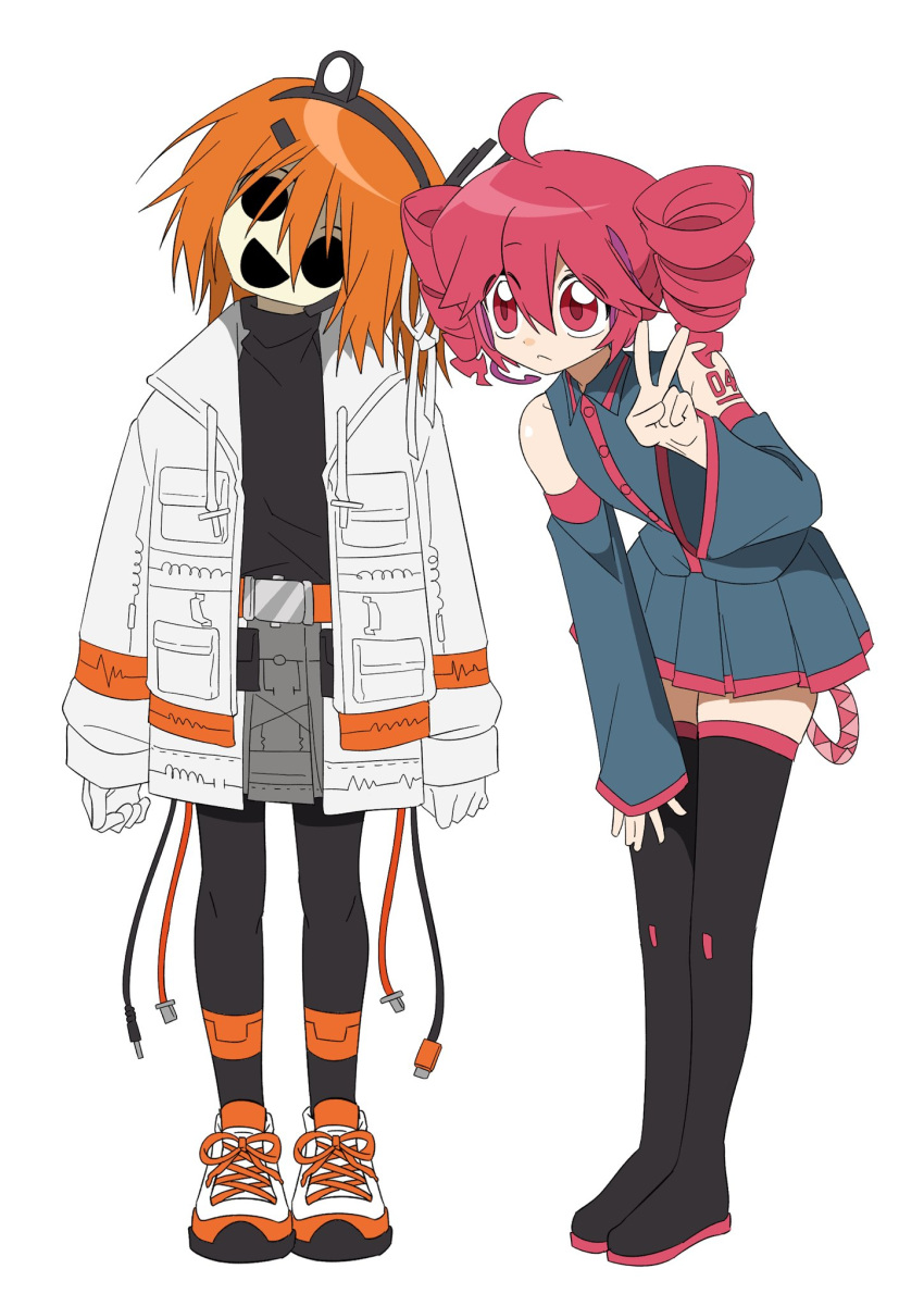 2girls :d a.i._voice adachi_rei ahoge belt belt_buckle beullobjiji black_boots black_eyes black_pantyhose black_shirt boots buckle cable cardiogram_print commentary_request detached_sleeves double-parted_bangs drill_hair empty_eyes full_body gloves grey_skirt hair_between_eyes hair_ornament hairclip head_tilt headlamp headset highres jacket kasane_teto kasane_teto_(utau) korean_commentary leaning_forward messy_hair multicolored_shoes multiple_girls orange_belt orange_hair orange_shoes pantyhose pleated_skirt red_eyes red_hair red_trim shaded_face shirt shoelaces shoes short_hair simple_background skirt sleeveless sleeveless_shirt smile sneakers thigh_boots twin_drills two-tone_shoes utau v white_background white_gloves white_jacket white_shoes zettai_ryouiki