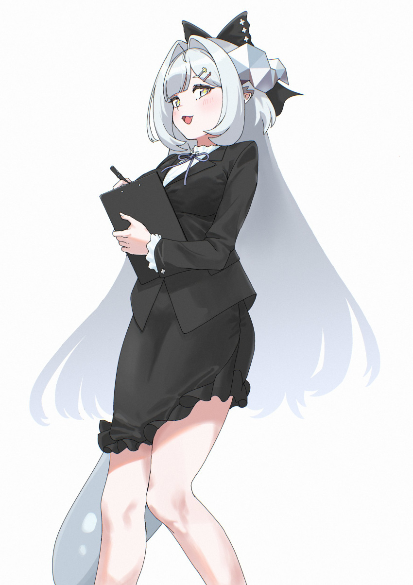 +_+ 1girl absurdres black_bow black_jacket black_skirt blue_ribbon blush bow breasts clipboard commentary_request daya_(pure_shine)_(trickcal) daya_(trickcal) dragon_ears dragon_girl dragon_horns dragon_tail fang feet_out_of_frame frilled_shirt_collar frilled_skirt frilled_sleeves frills grey_eyes hair_bow hair_intakes hair_ornament hairclip highres holding holding_clipboard holding_pen horns jacket long_sleeves medium_breasts missing_wings neck_ribbon office_lady official_alternate_costume open_mouth parallel_hairclips pen pointy_ears ribbon shoga_k simple_background skirt smile solo standing tail trickcal white_background white_hair
